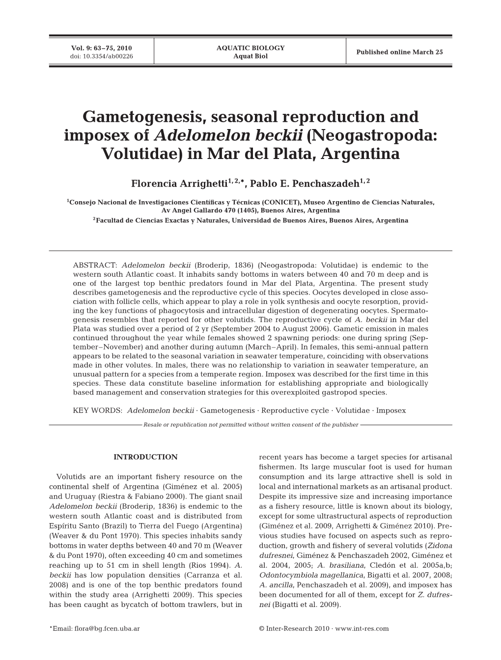 Gametogenesis, Seasonal Reproduction and Imposex of Adelomelon Beckii (Neogastropoda: Volutidae) in Mar Del Plata, Argentina