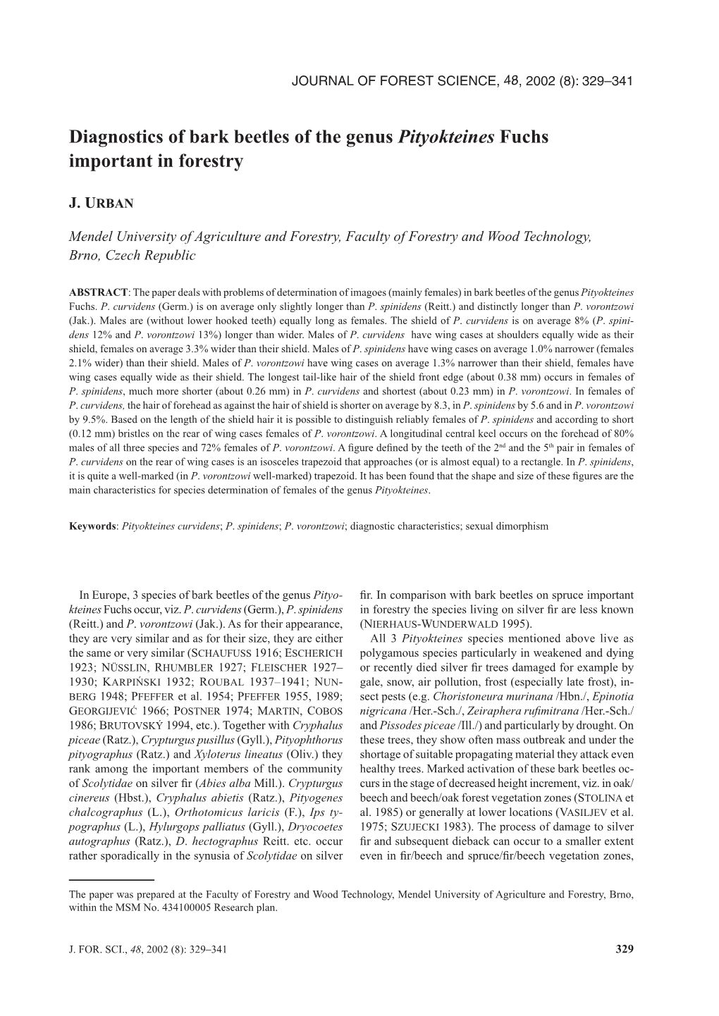 Diagnostics of Bark Beetles of the Genus Pityokteines Fuchs Important in Forestry