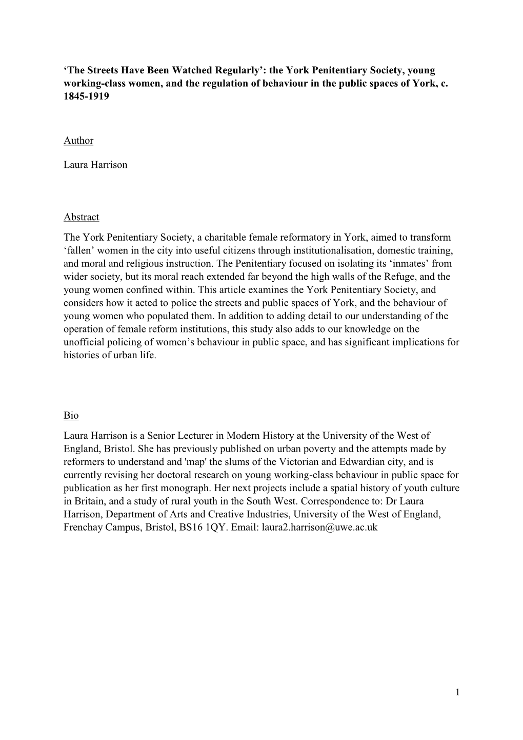 The York Penitentiary Society, Young Working-Class Women, and the Regulation of Behaviour in the Public Spaces of York, C