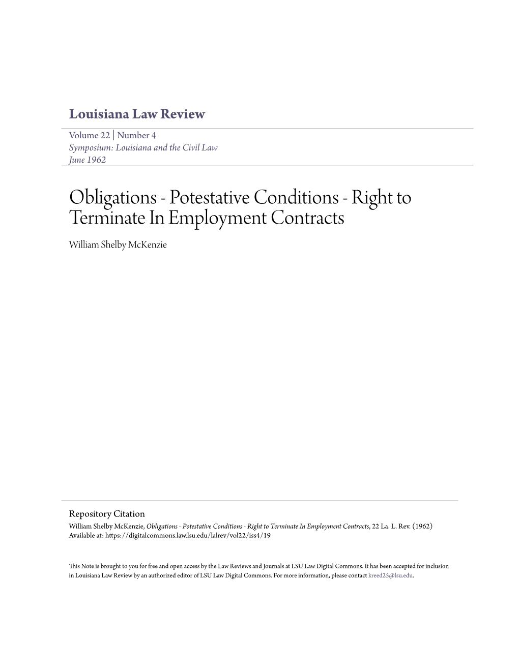 Potestative Conditions - Right to Terminate in Employment Contracts William Shelby Mckenzie