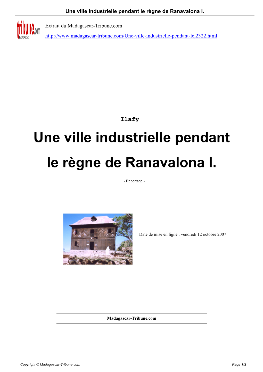 Une Ville Industrielle Pendant Le Règne De Ranavalona I