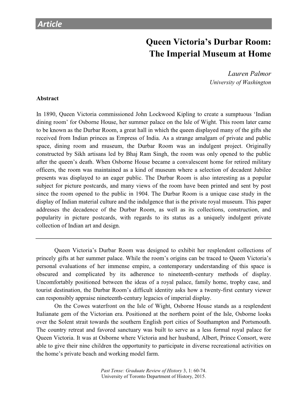 Article Queen Victoria's Durbar Room: the Imperial Museum at Home