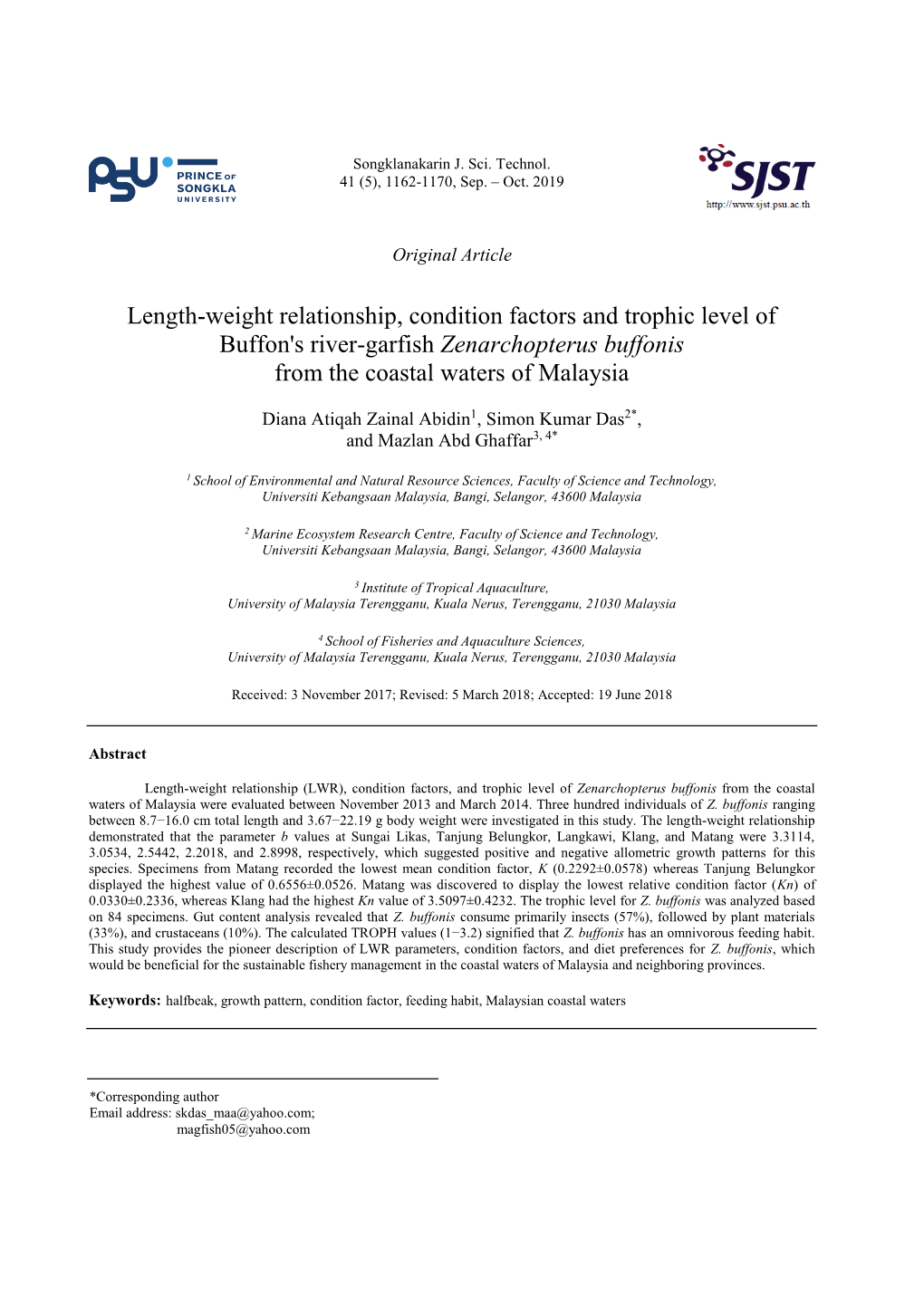 Length-Weight Relationship, Condition Factors and Trophic Level of Buffon's River-Garfish Zenarchopterus Buffonis from the Coastal Waters of Malaysia