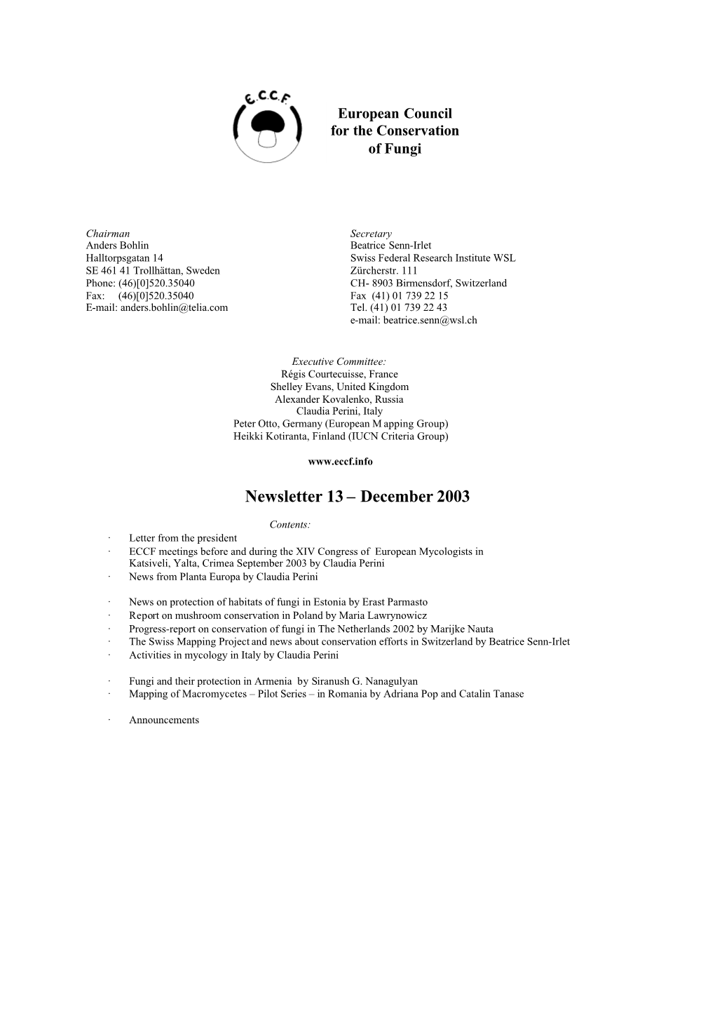 Newsletter 13 – December 2003