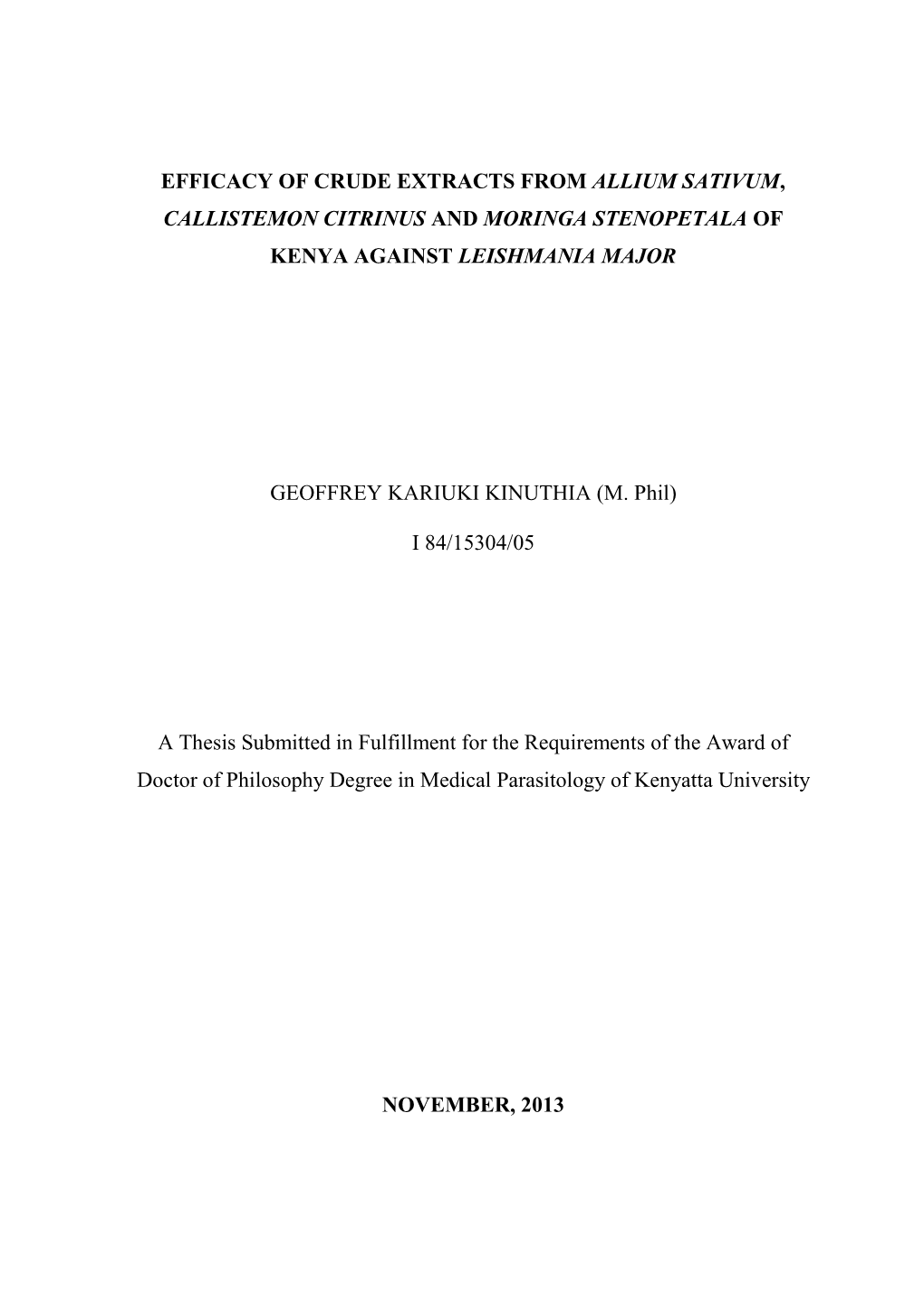 Efficacy of Crude Extracts from Allium Sativum, Callistemon Citrinus and Moringa Stenopetala of Kenya Against Leishmania Major