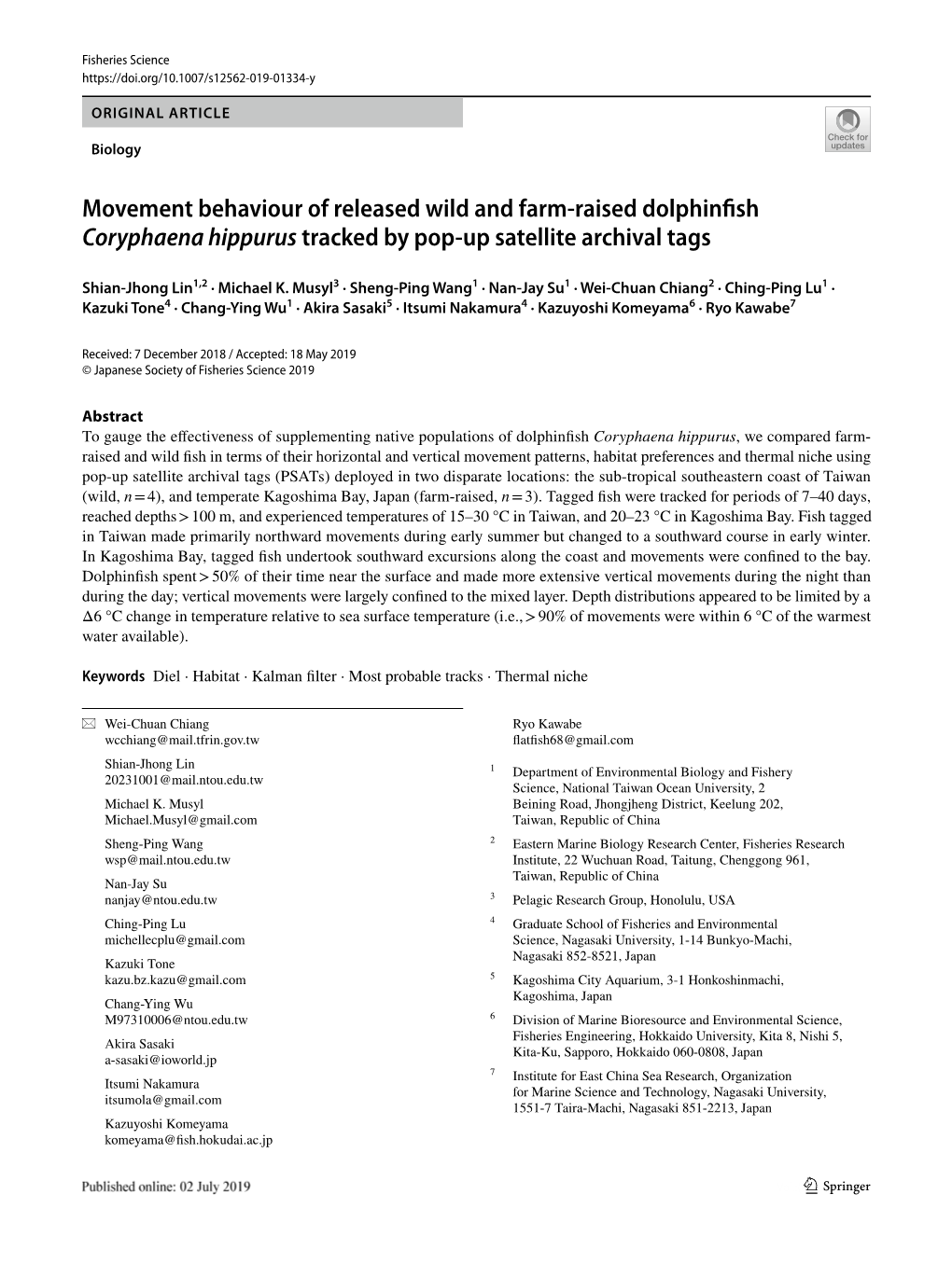 Movement Behaviour of Released Wild and Farm-Raised Dolphinfish