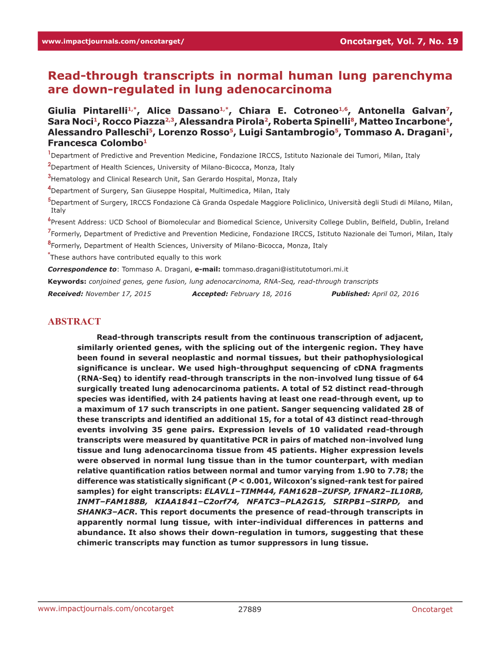 Read‑Through Transcripts in Normal Human Lung Parenchyma Are Down‑Regulated in Lung Adenocarcinoma