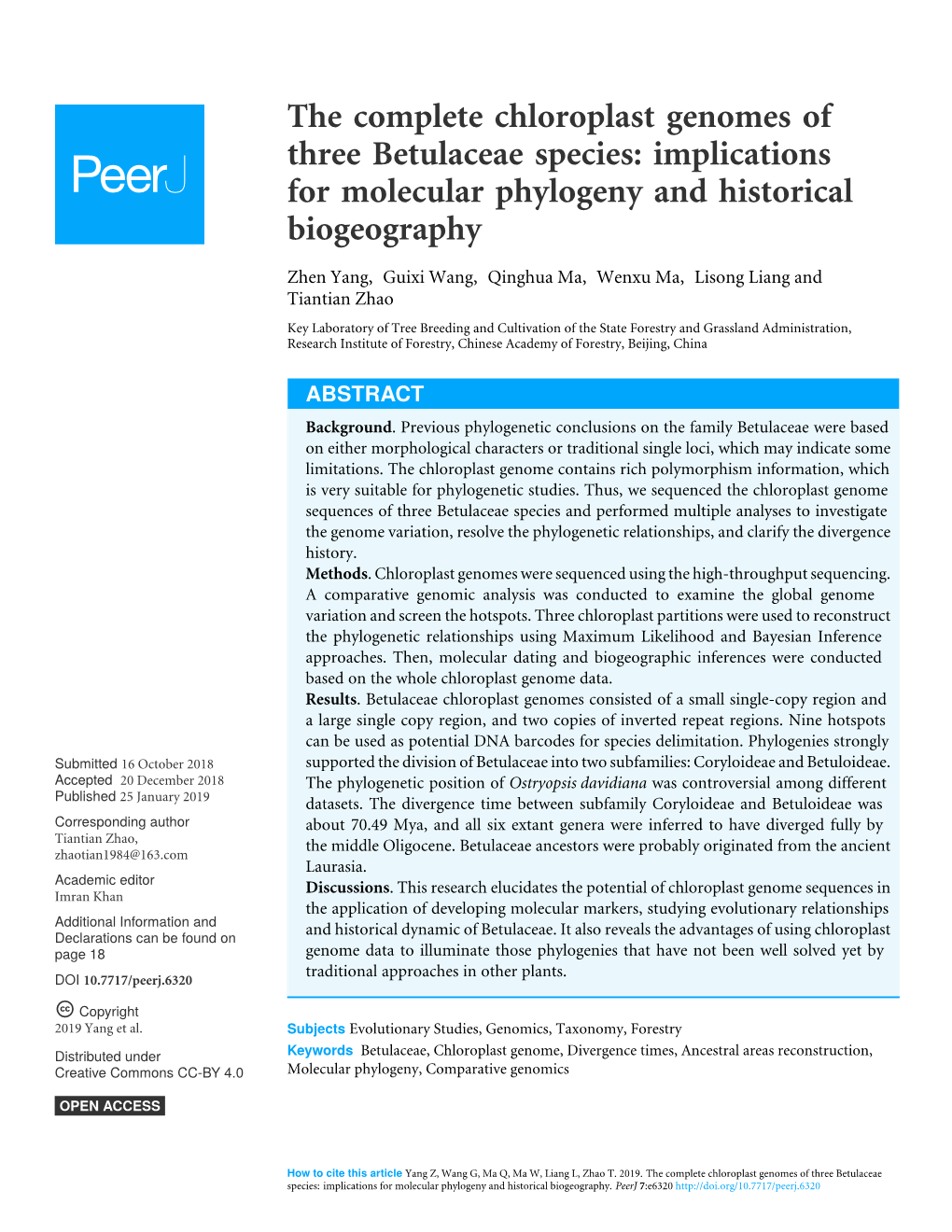 The Complete Chloroplast Genomes of Three Betulaceae Species: Implications for Molecular Phylogeny and Historical Biogeography