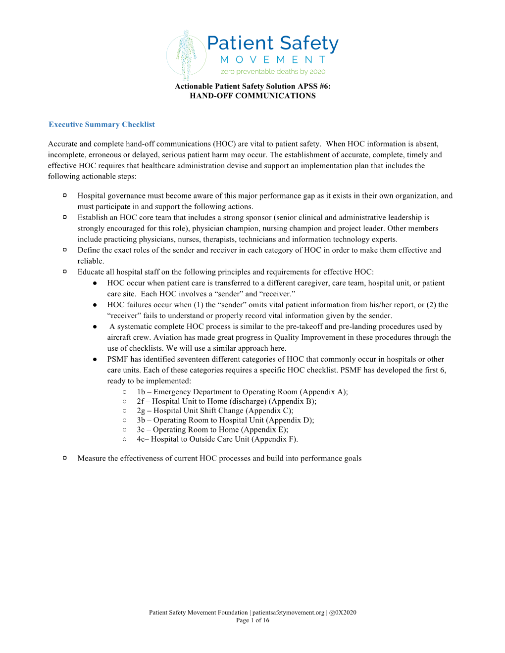 HAND-OFF COMMUNICATIONS Executive Summary Checklist