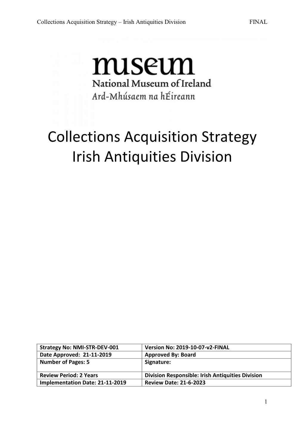 Collections Acquisition Strategy Irish Antiquities Division