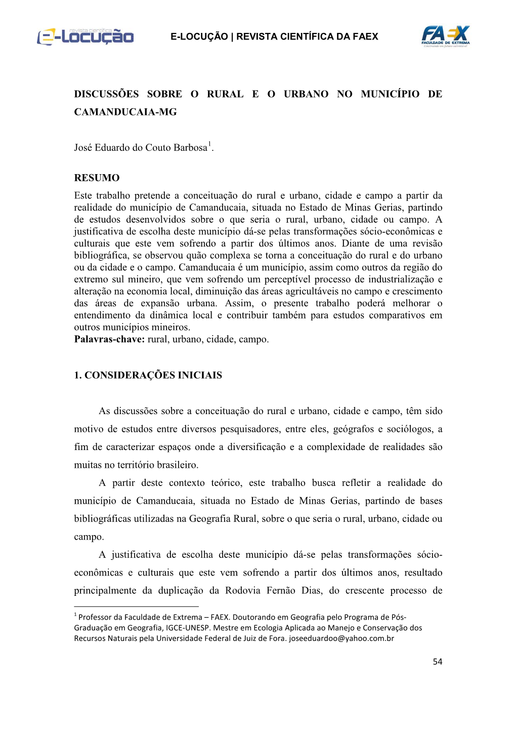 Discussões Sobre O Rural E O Urbano No Município De Camanducaia-Mg