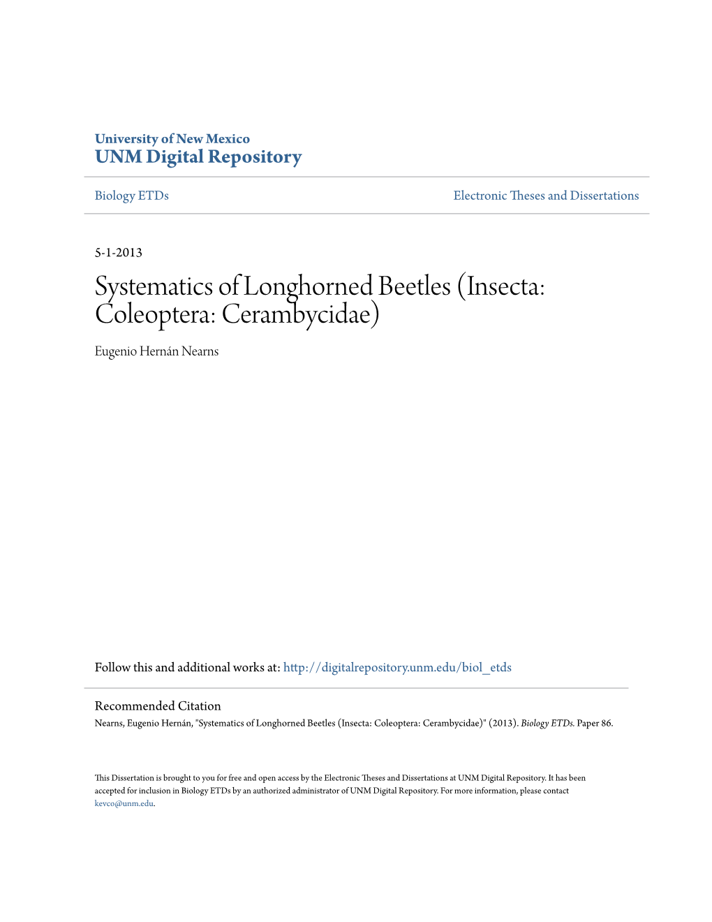 Systematics of Longhorned Beetles (Insecta: Coleoptera: Cerambycidae) Eugenio Hernán Nearns