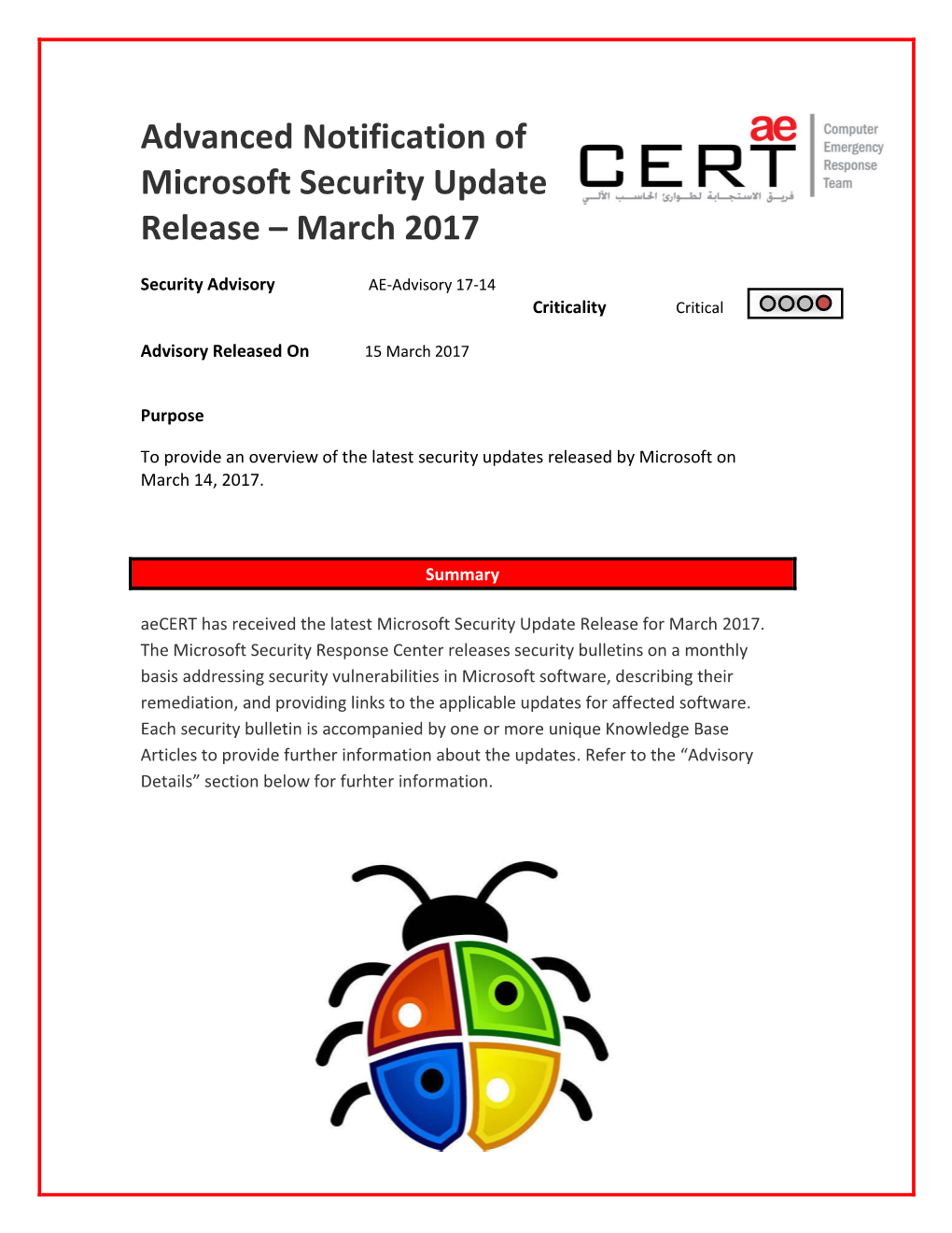 Advanced Notification of Microsoft Security Update Release – March 2017