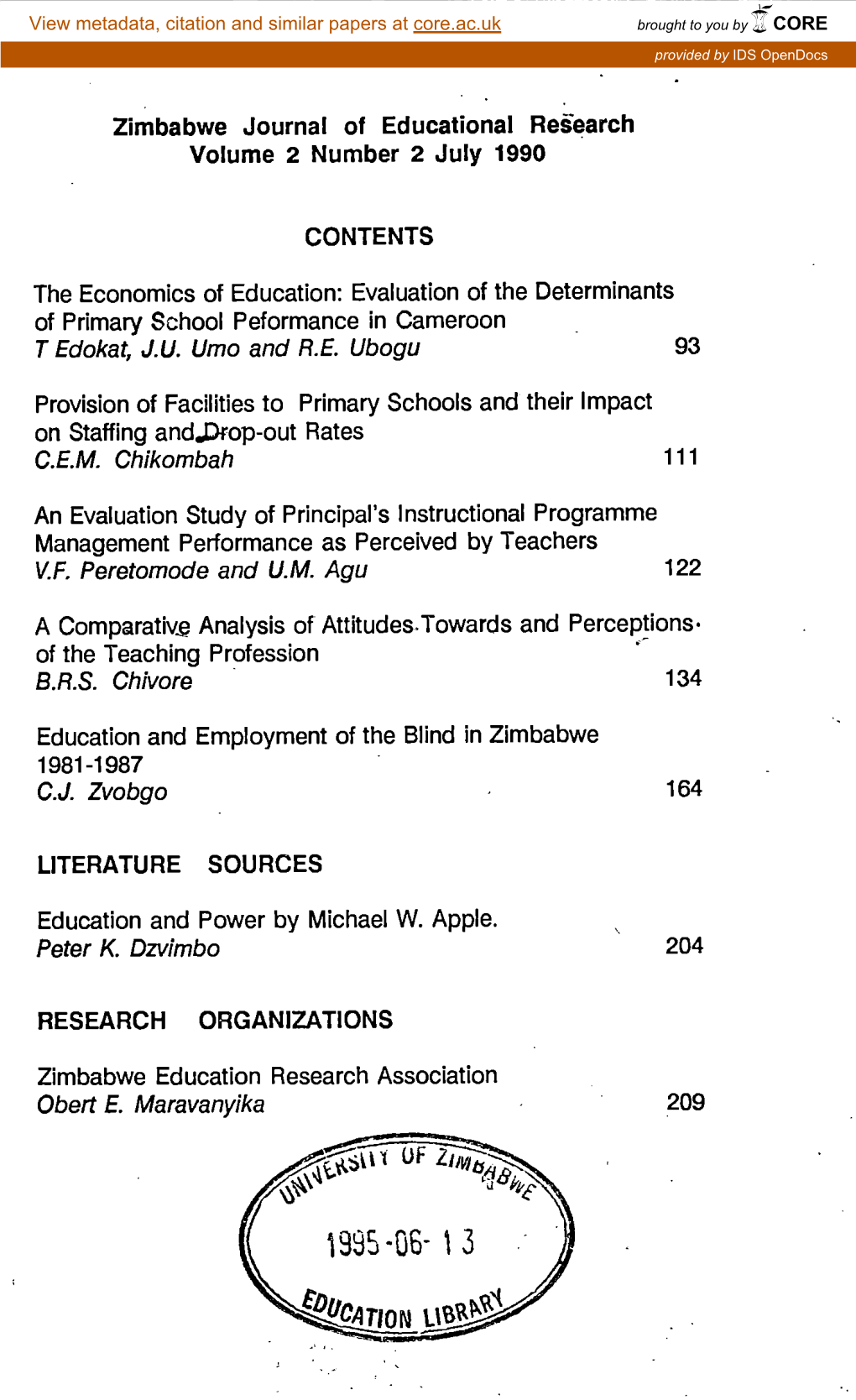 Zimbabwe Journal of Educational Research Volume 2 Number 2 July 1990