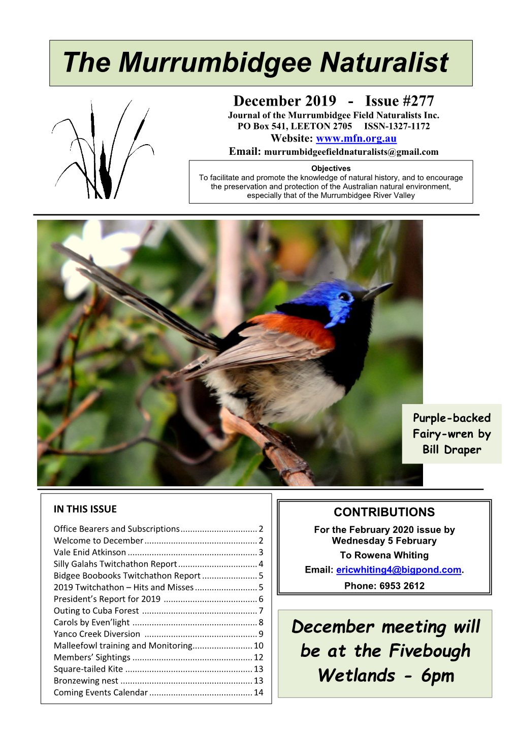 December 2019 - Issue #277 Journal of the Murrumbidgee Field Naturalists Inc