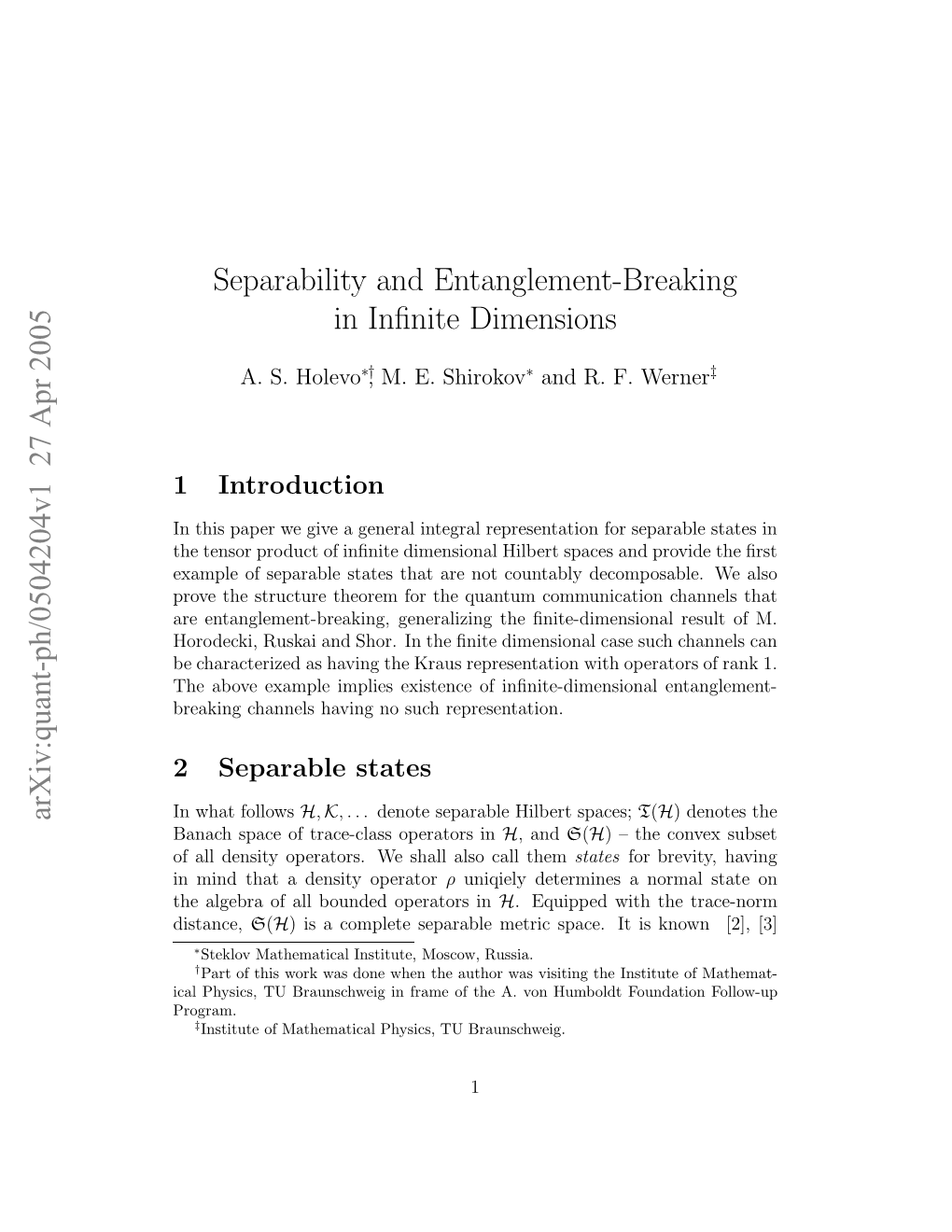 Arxiv:Quant-Ph/0504204V1 27 Apr 2005 Separability and Entanglement-Breaking in Infinite Dimensions