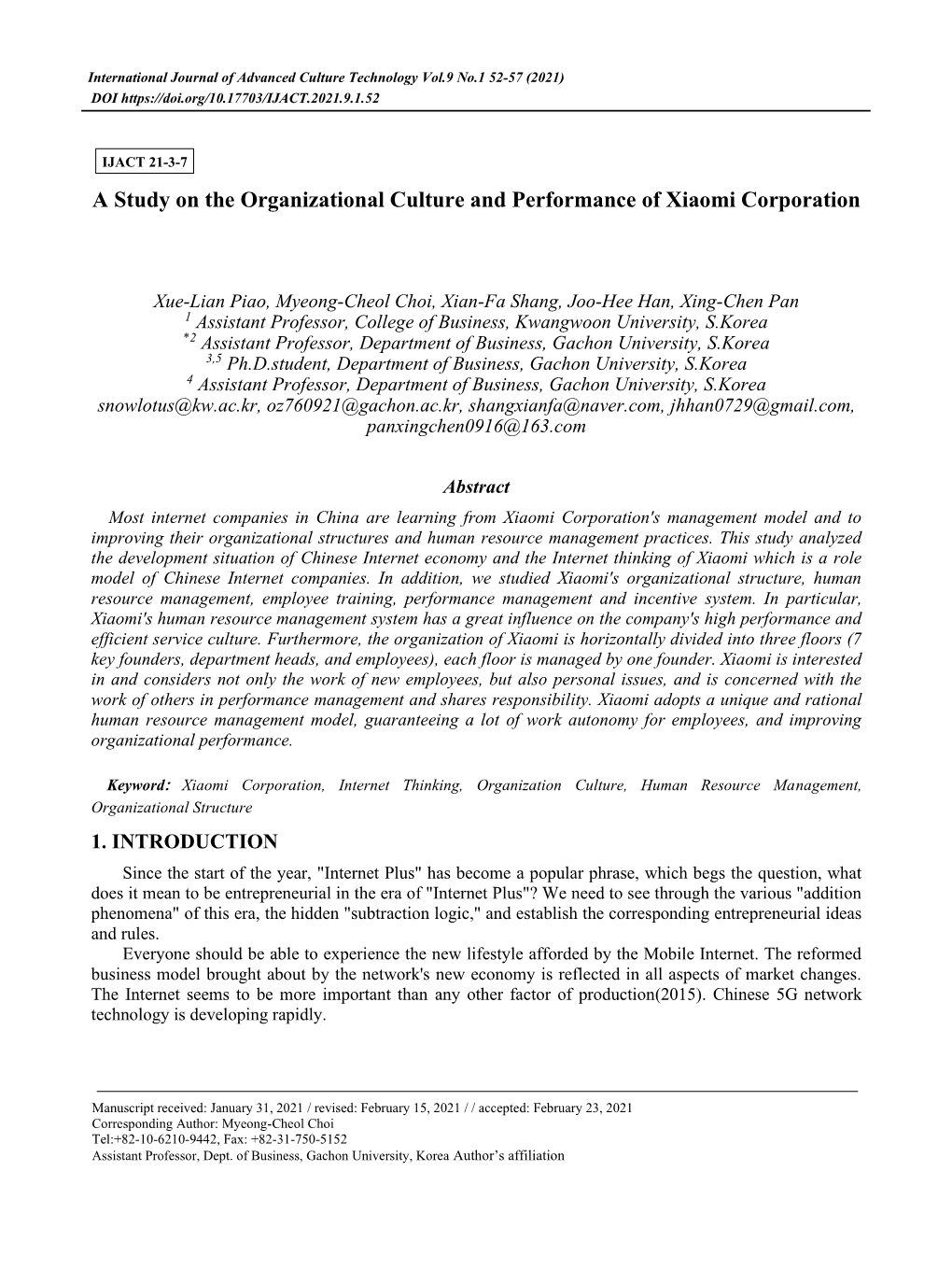 A Study on the Organizational Culture and Performance of Xiaomi Corporation