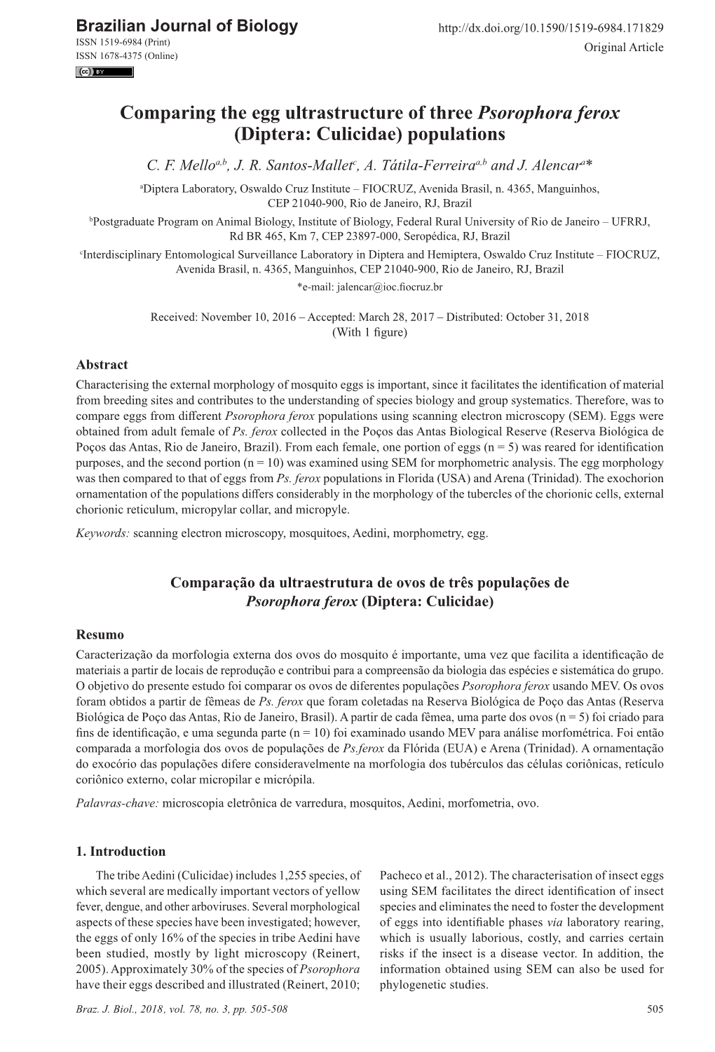 Comparing the Egg Ultrastructure of Three Psorophora Ferox (Diptera: Culicidae) Populations C