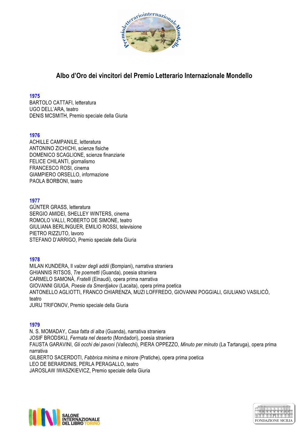 Albo D'oro Dei Vincitori Del Premio Letterario Internazionale Mondello