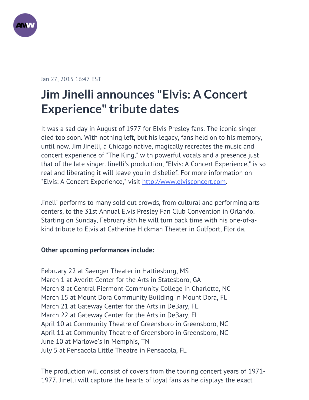 Jim Jinelli Announces "Elvis: a Concert Experience" Tribute Dates