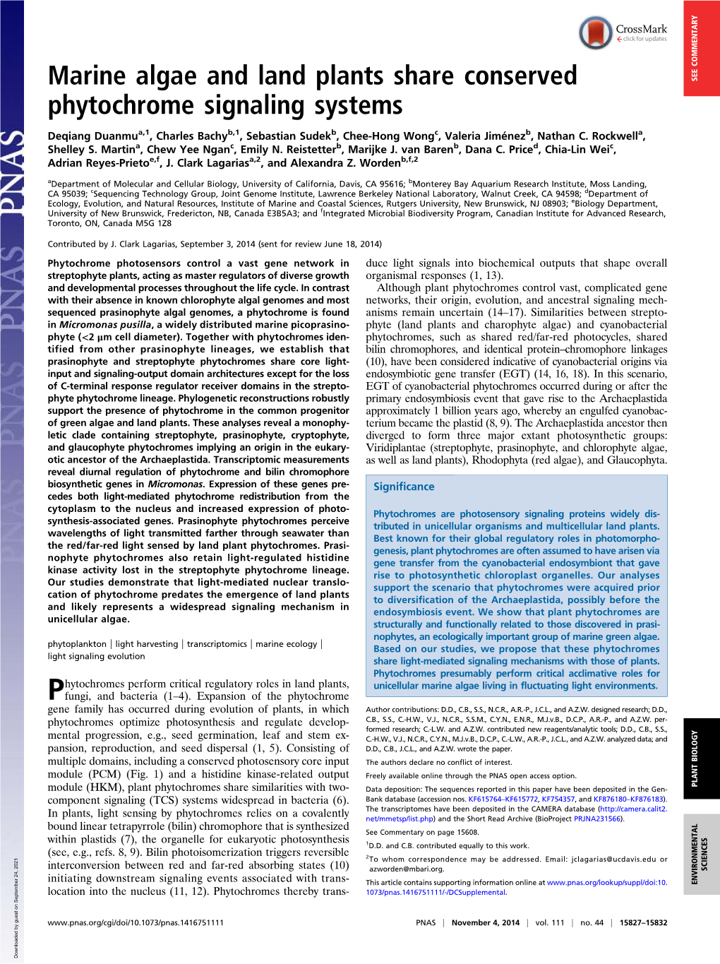 Marine Algae and Land Plants Share Conserved Phytochrome Signaling Systems