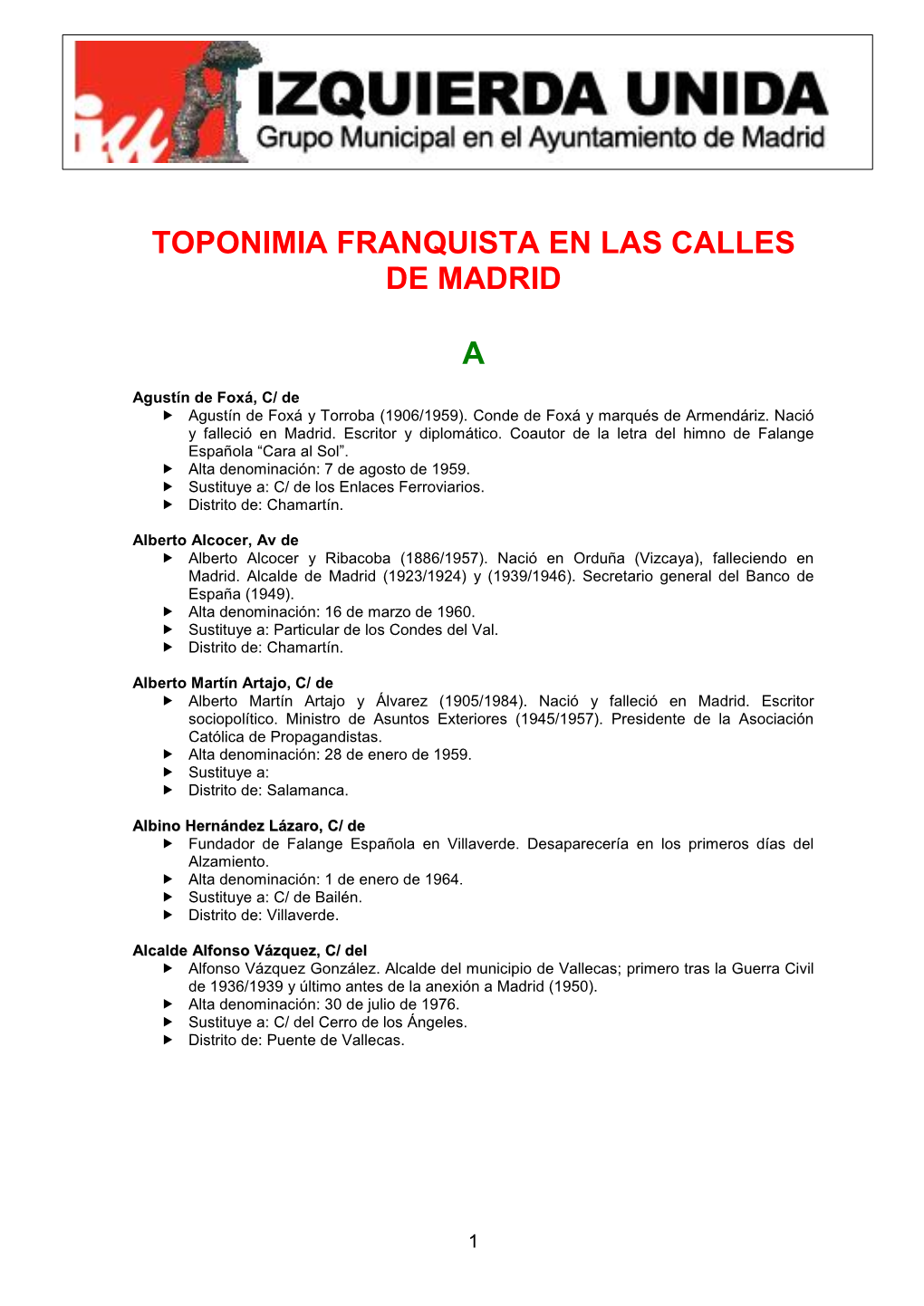 Toponimia Franquista En Las Calles De Madrid A