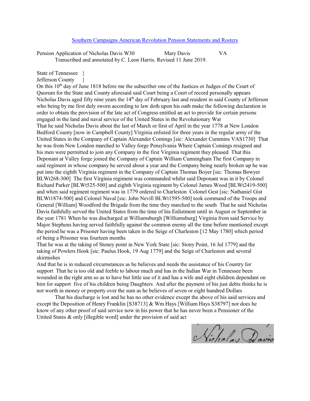 Nicholas Davis W30 Mary Davis VA Transcribed and Annotated by C