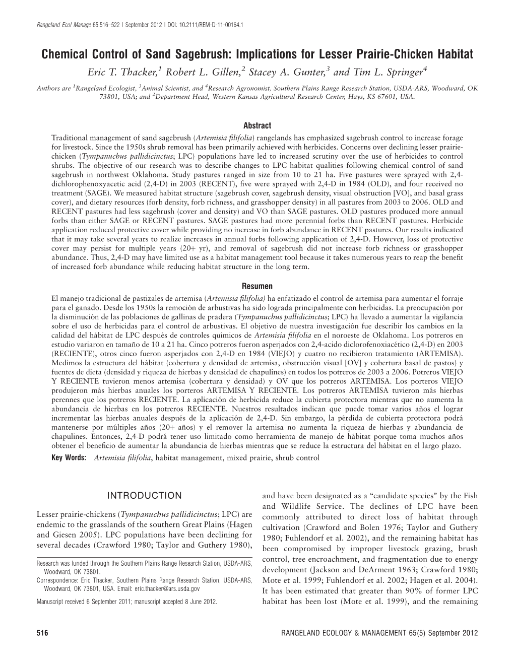 Chemical Control of Sand Sagebrush: Implications for Lesser Prairie-Chicken Habitat Eric T