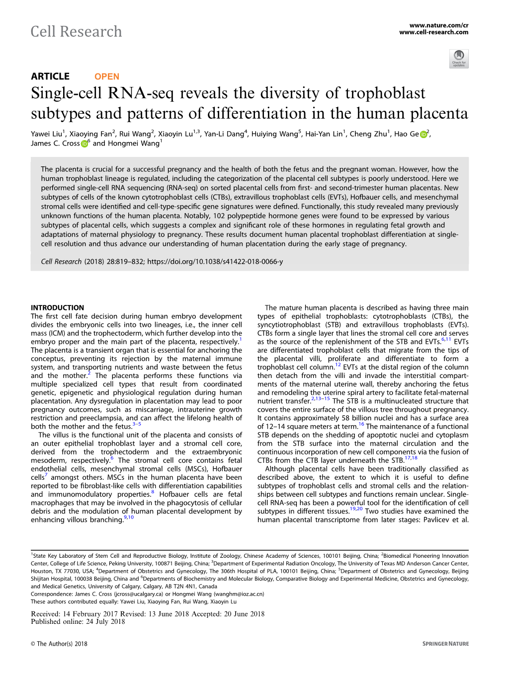 Single-Cell RNA-Seq Reveals the Diversity of Trophoblast Subtypes and Patterns of Differentiation in the Human Placenta