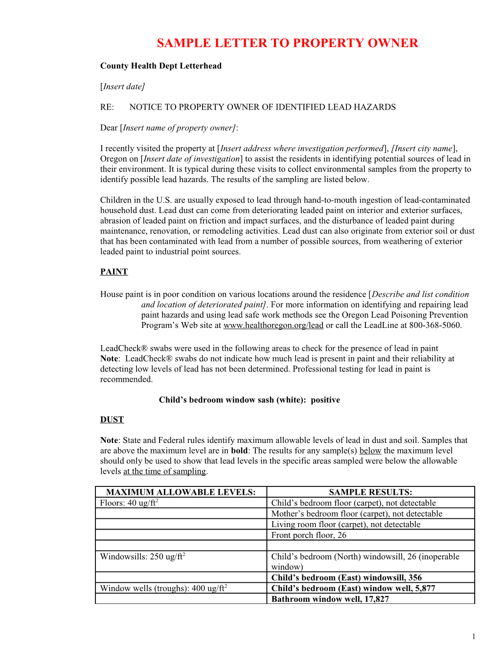 Rental/Owner Notice of EBLL Investigation Results - for County Use