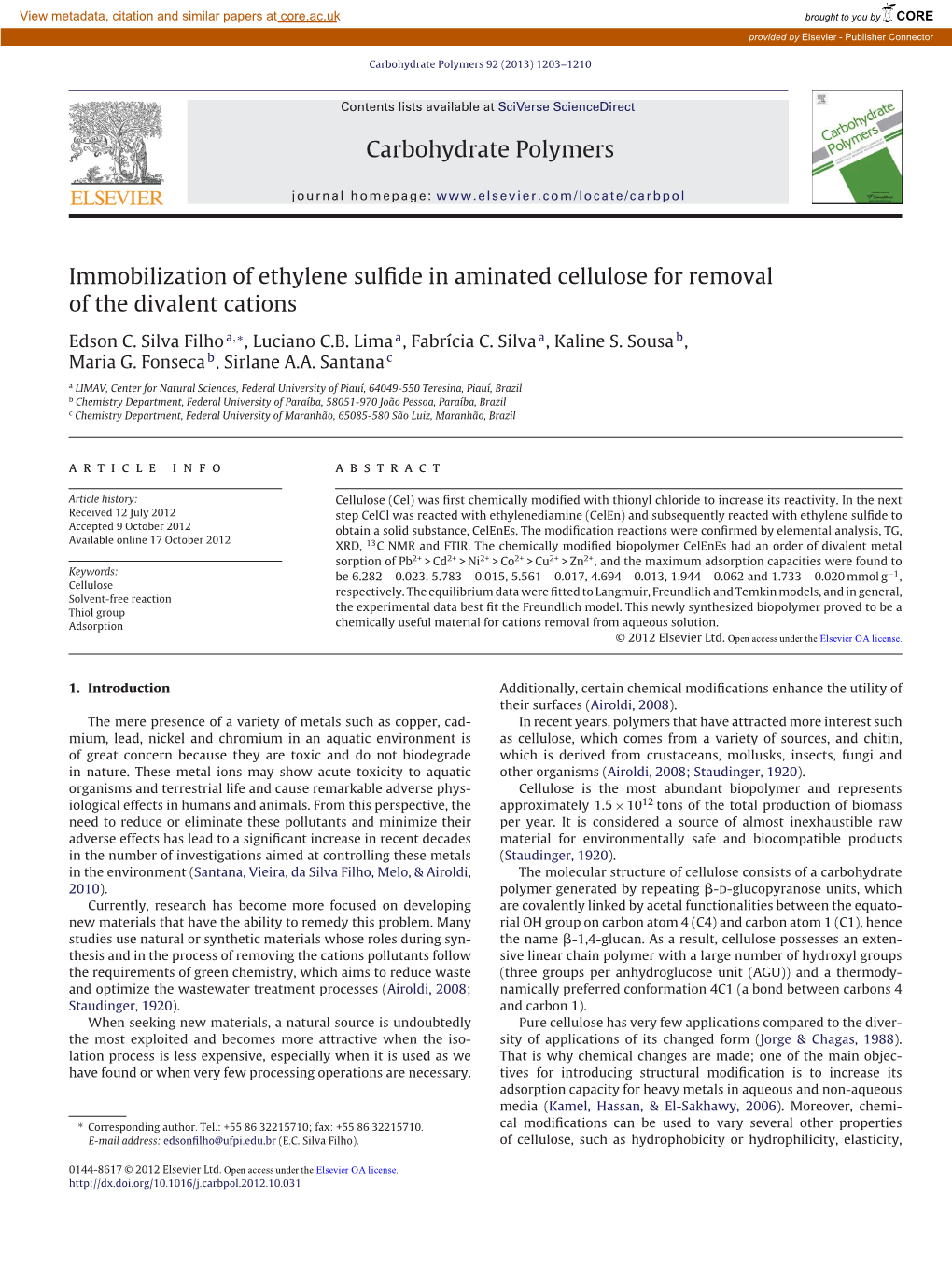 Immobilization of Ethylene Sulfide in Aminated Cellulose for Removal of the Divalent Cations