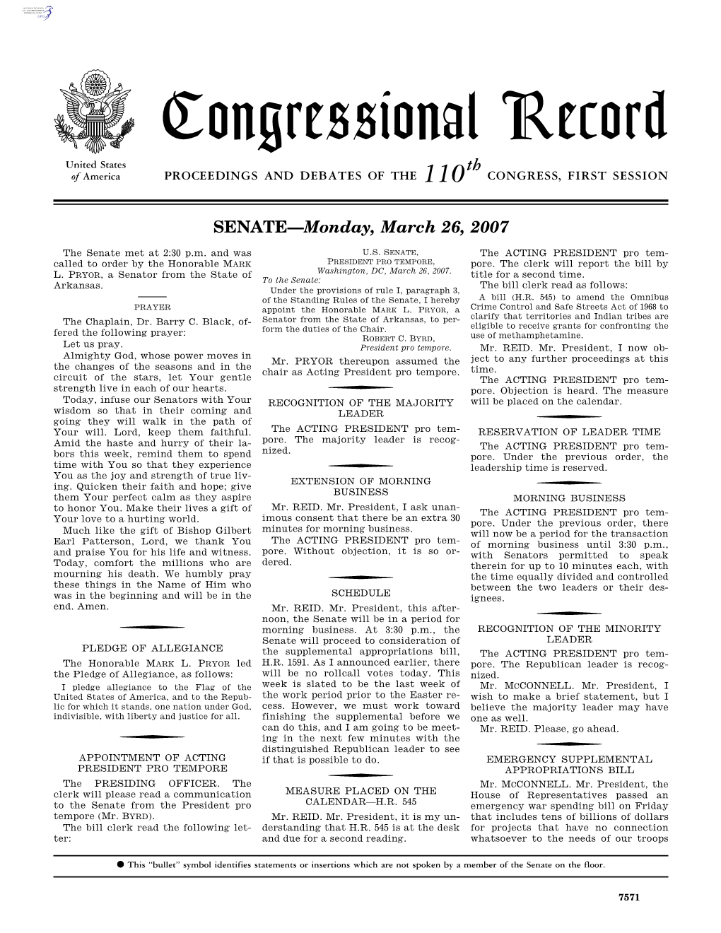 Congressional Record United States Th of America PROCEEDINGS and DEBATES of the 110 CONGRESS, FIRST SESSION