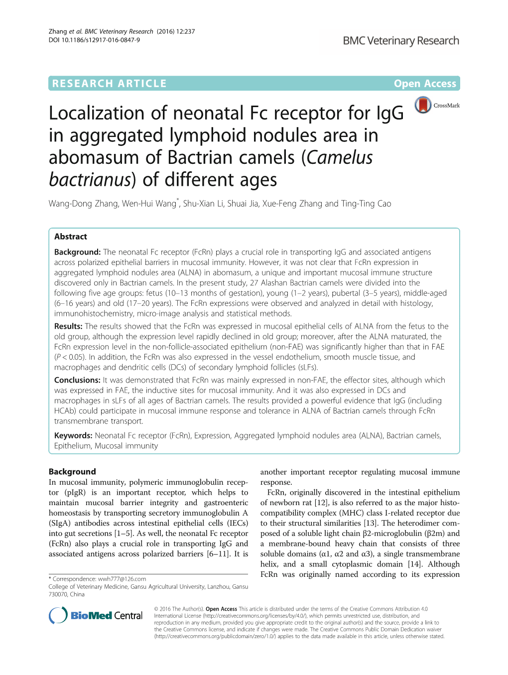 Localization of Neonatal Fc Receptor for Igg in Aggregated Lymphoid Nodules Area in Abomasum of Bactrian Camels