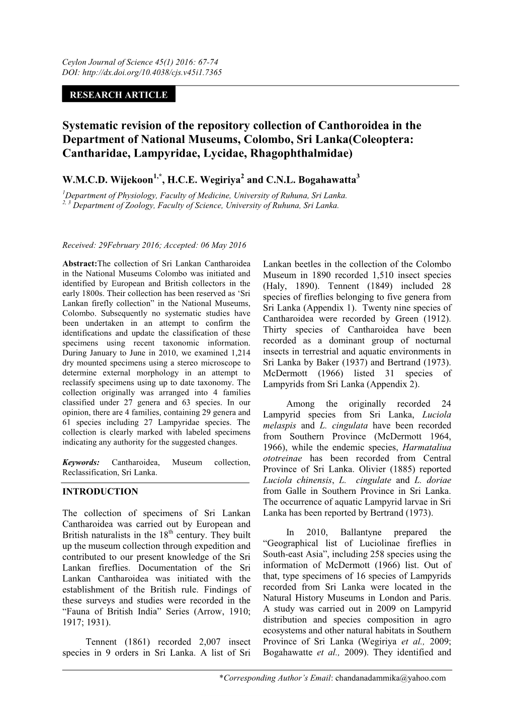Systematic Revision of the Repository Collection of Canthoroidea in The