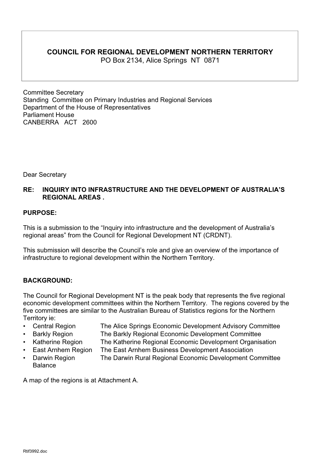 COUNCIL for REGIONAL DEVELOPMENT NORTHERN TERRITORY PO Box 2134, Alice Springs NT 0871