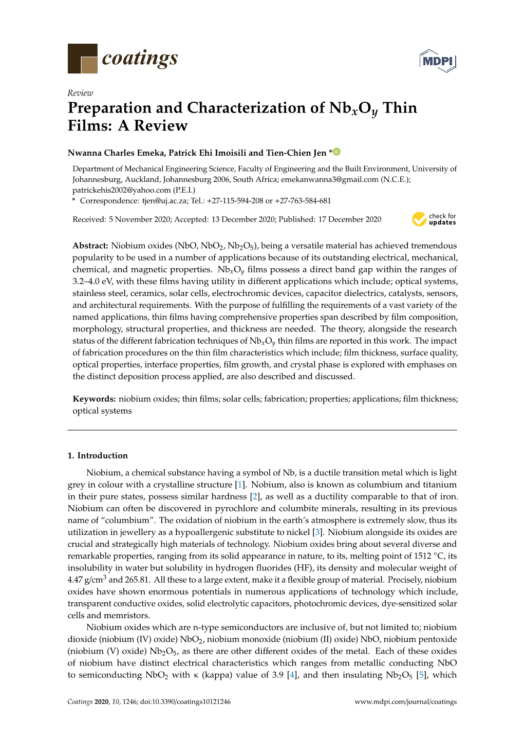 Preparation and Characterization of Nbxoy Thin Films: a Review