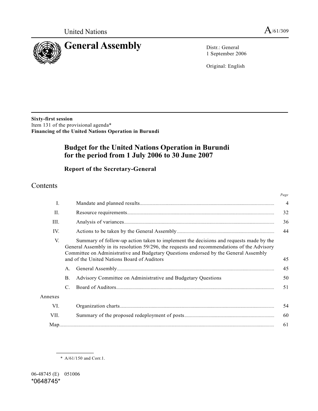 Financing of the United Nations Operation in Burundi