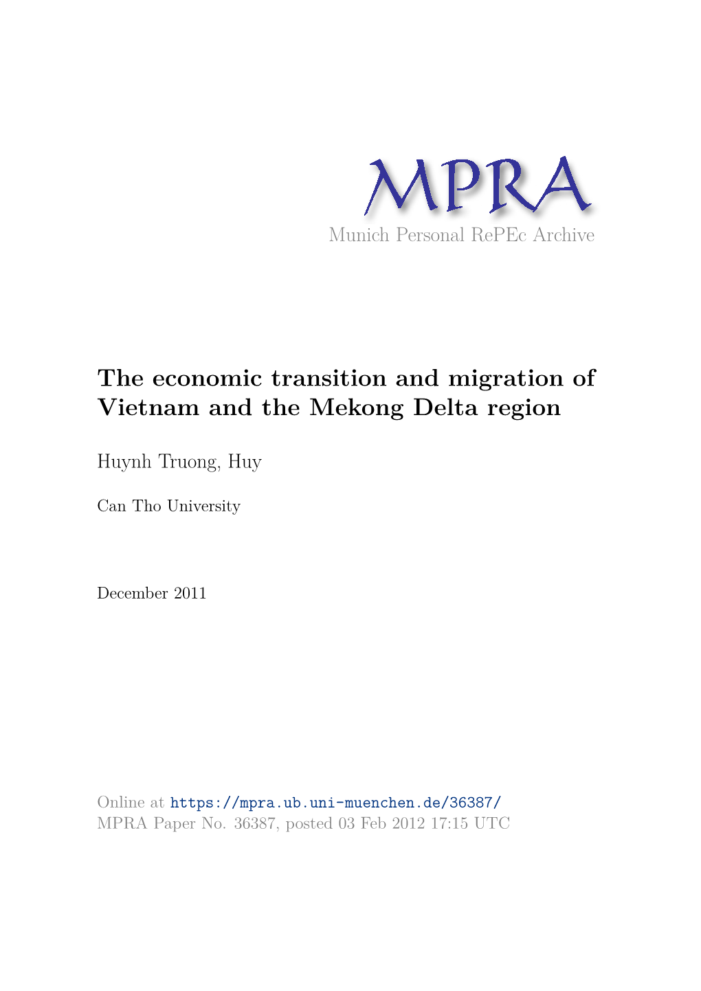 The Economic Transition and Migration of Vietnam and the Mekong Delta Region