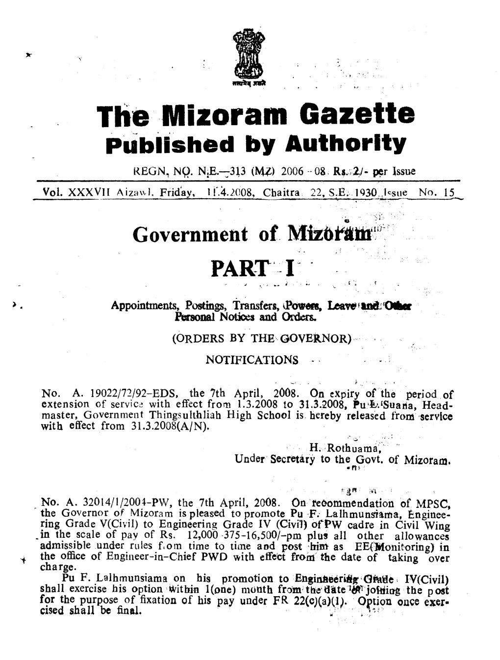 Ttie,Mizoram Gazette Pubilshed by Authority