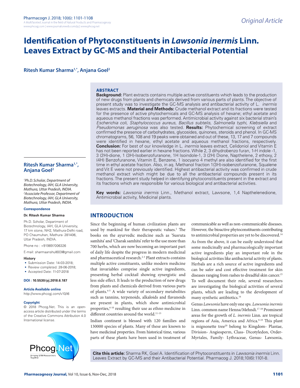 Identification of Phytoconstituents in Lawsonia Inermis Linn. Leaves Extract by GC-MS and Their Antibacterial Potential