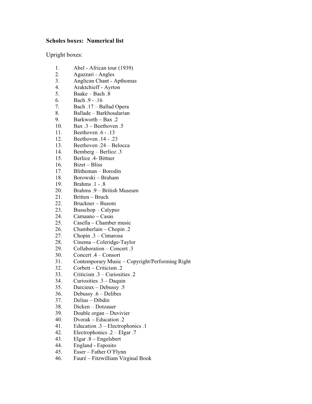 Scholes Boxes: Numerical List