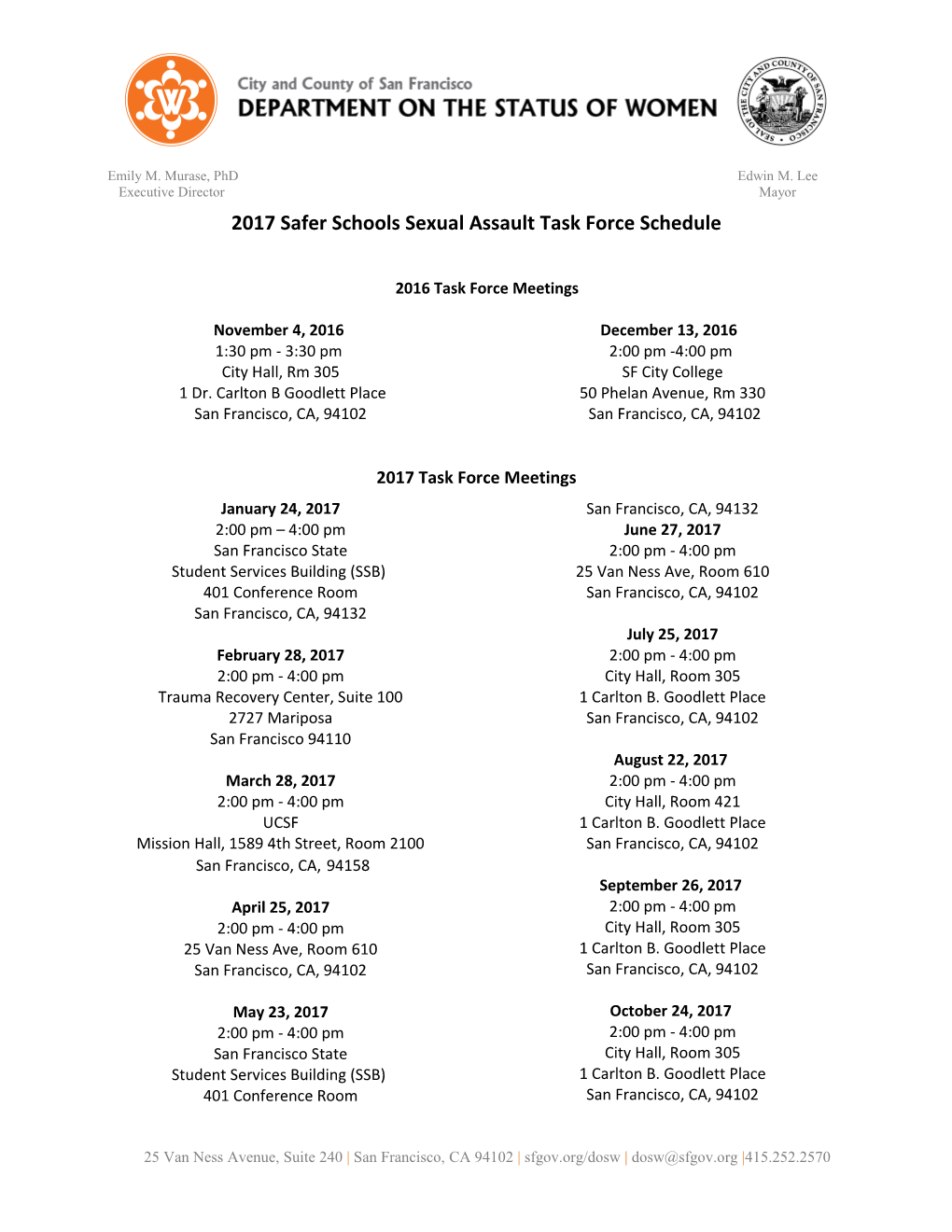 2017 Safer Schools Sexual Assault Task Force Schedule