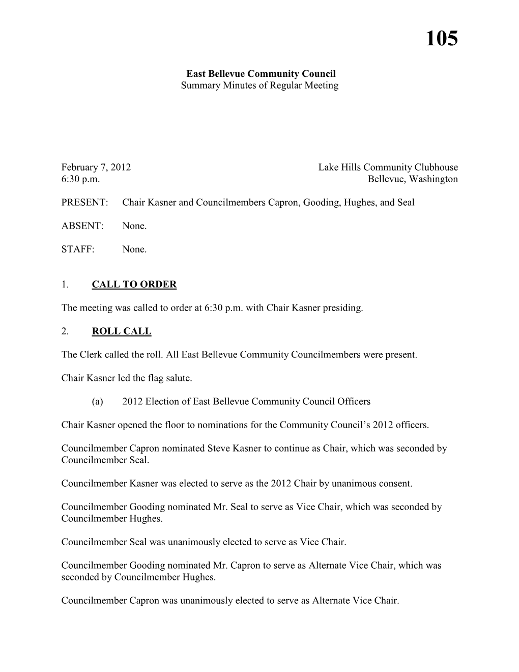 East Bellevue Community Council Summary Minutes of Regular Meeting