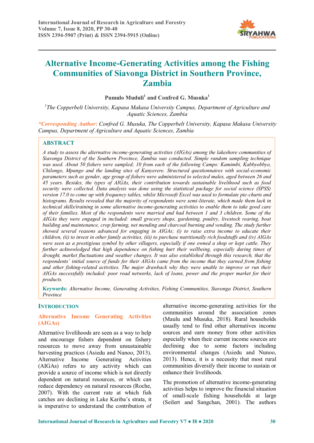 Alternative Income-Generating Activities Among the Fishing Communities of Siavonga District in Southern Province, Zambia