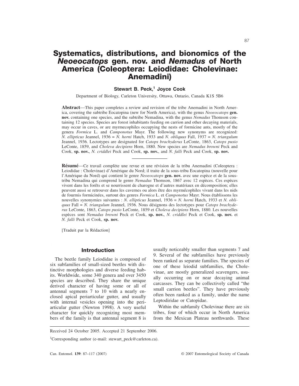 Systematics, Distributions, and Bionomics of the Neoeocatops Gen. Nov. and Nemadus of North America (Coleoptera: Leiodidae: Cholevinae: Anemadini)