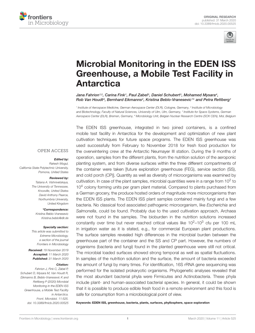 Microbial Monitoring in the EDEN ISS Greenhouse, a Mobile Test Facility in Antarctica