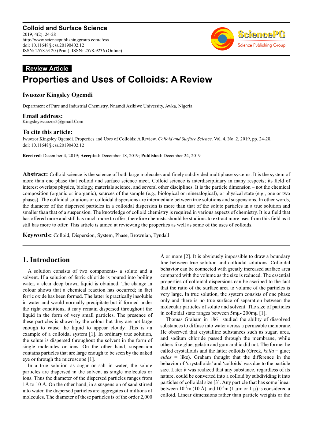 Properties and Uses of Colloids: a Review