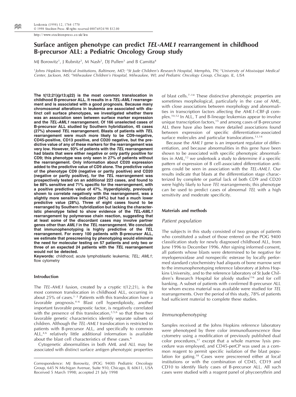 Surface Antigen Phenotype Can Predict TEL-AML1 Rearrangement In