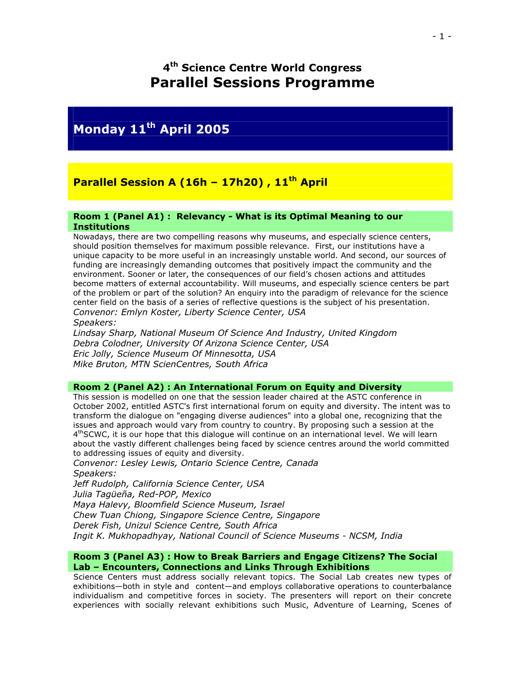 Parallel Sessions Programme