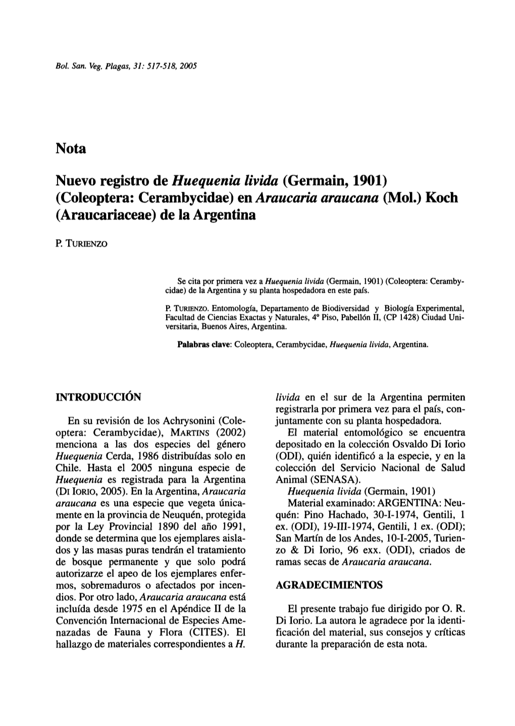 Nota Nuevo Registro De Huequenia Lívida (Germain, 1901) (Coleoptera